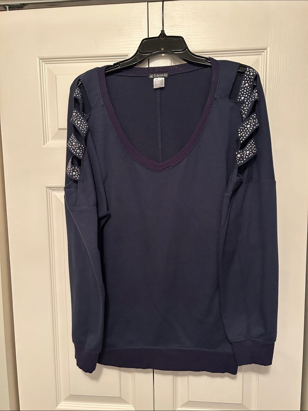 VENUS Navy Cold-Shoulder V-Neck Sweater with Studded Ladder Sleeves
